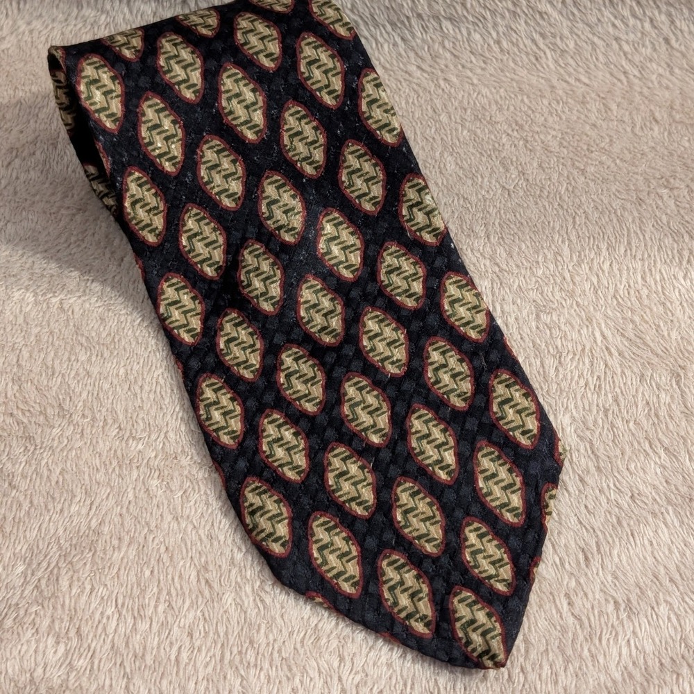 Claiborne Tie Silk Geometric Medallion Zig Zag Italian Fabric Black Gold Green